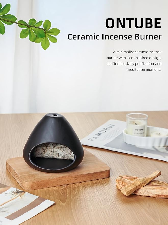 Palo Santo Holder, Modern Incense Burner, Ceramic Smudge Bowl for Yoga, Meditation and Energy Cleansing, Meditation Zen Decor for Home Office (Black)