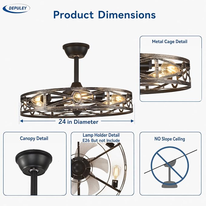Depuley Caged Ceiling Fans with Light: 24-Inch Bronze Metal Enclosed Farmhouse Fandelier for Kitchen Bedroom - Industrial Semi Flush Mount Ceiling Fan with Remote 6 Speeds Reversible Motor Timer