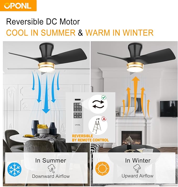 OPONL Ceiling Fan with Light, 30 inch Low Profile Ceiling fan with Light and Remote Control, Reversible, 6CCT, Dimmable, Noiseless, Black Ceiling Fan for Bedroom, Indoor/Outdoor Use, Modern