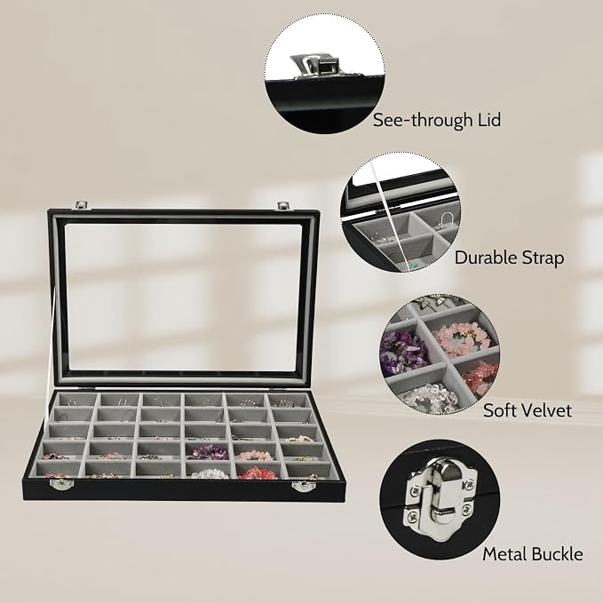 Stratalife 30 Grid Earring Organizer, Jewelry Holder Organizer with Lid | PU Leather Storage Box for Earring, Ring, Studs and Trinkets, Soft Velvet Drawer Organizer for Women, Dustproof, Gray Black