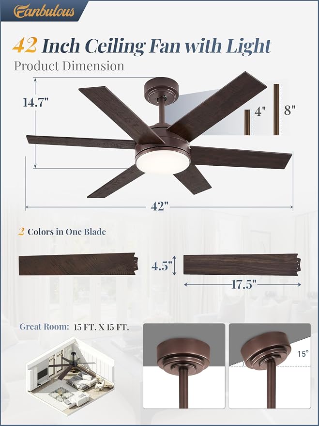 Fanbulous 42'' Ceiling Fan with Lights and Remote, Reversible 6 Blades & Dimmable 3-Color Modern Fan for Patios, DC Motor Large Ceiling Fan for Indoor or Outdoor, Brown