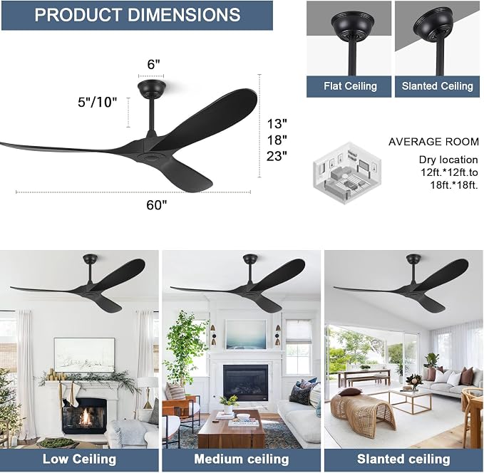 ABZ Ceiling Fans without Lights - 60 Inch Ceiling Fan no Light, Black 3 Blade Solid Wood Indoor Outdoor Ceiling Fan with Remote Control for Patios Living Room Bedroom