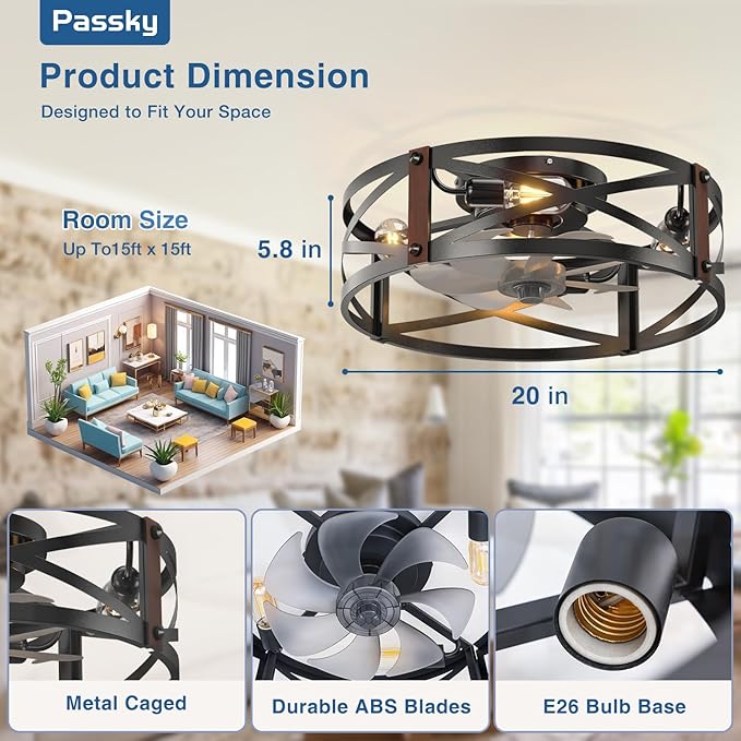 Passky 20" Farmhouse Flush Mount Ceiling Fans with Lights and Remote, Industrial Black Caged Low Profile Fandelier, 6 Speeds Bladeless Ceiling Fan for Bedroom, Kitchen, Living Room