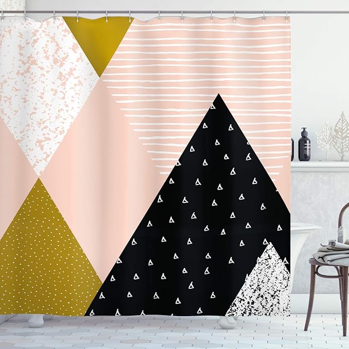 Ambesonne Geometric Shower Curtain, Abstract Composition Hand Drawn Vintage Texture Dots Lines Triangles Modern Art, Cloth Fabric Bathroom Decor Set with Hooks, 69" W x 84" L, Multicolor Blush Black