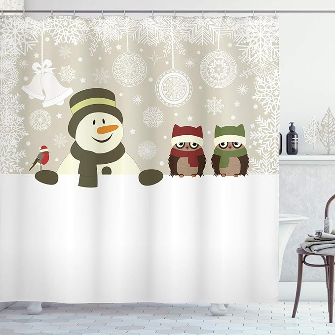 Ambesonne Christmas Shower Curtain, Snowman Owls in Snowy Winter Day Jingle Bells Snowflake Image, Cloth Fabric Bathroom Decor Set with Hooks, 69" W x 70" L, White Green Red