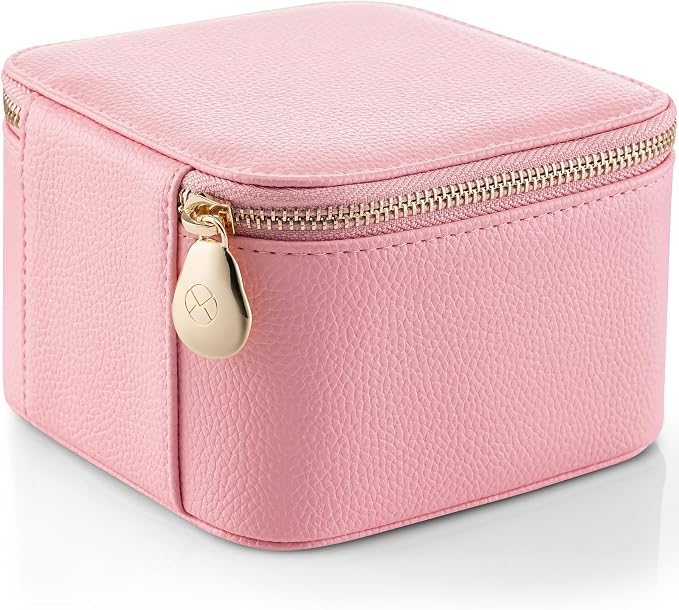 VLANDO Travel Jewelry Box for Women,Faux Leather Jewelry Case with 6 Velvet Jewelry Zipper Pockets,Gift Ideas for Women Wife Earrings Necklace Rings Storage Boxes(Strawberry Pink)