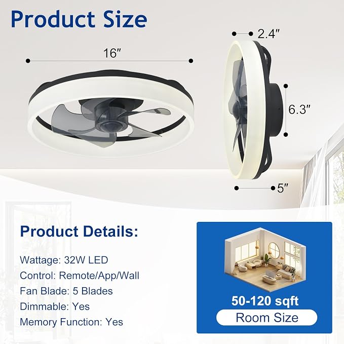 DLLT Ceiling Fans with Lights and Remote: 16 Inch Modern Low Profile Ceiling Fan with APP Control for Kids Room - Black Dimmable LED Bladeless Fandelier with 6 Wind Speeds Quiet DC Motor for Bedroom