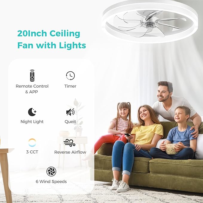 20 Inch Ceiling Fans with Lights and Remote, Flush Mount Low Profile Ceiling Fan with Light,3000K-6500K Dimmable,Modern LED Fandelier Ceiling Fan for Bedroom Living Room (White)