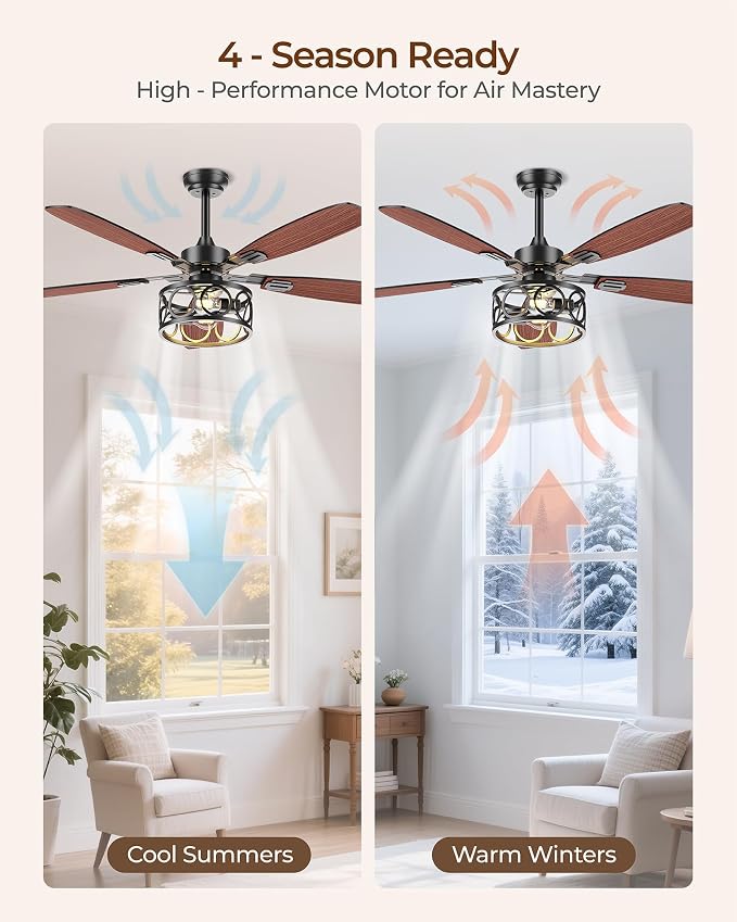 Ceiling Fans with Lights and Remote, 52'' Vintage Caged Ceiling Fan with Light, 5 Blades, 6+1 Speed, Flush Mount Ceiling Fan Whisper-quiet for Farmhouse, Living Room, Kitchen and Porch (52 Inch)