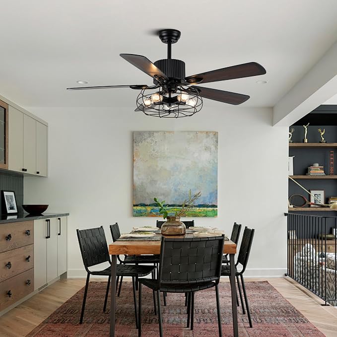 52" Industrial Ceiling Fans with Lights and Remote Control | Caged Rustic Retro Chandelier Ceiling Fan with Reversible Motor,5 Double Colour Blades for Dining Room Living Room Bedroom