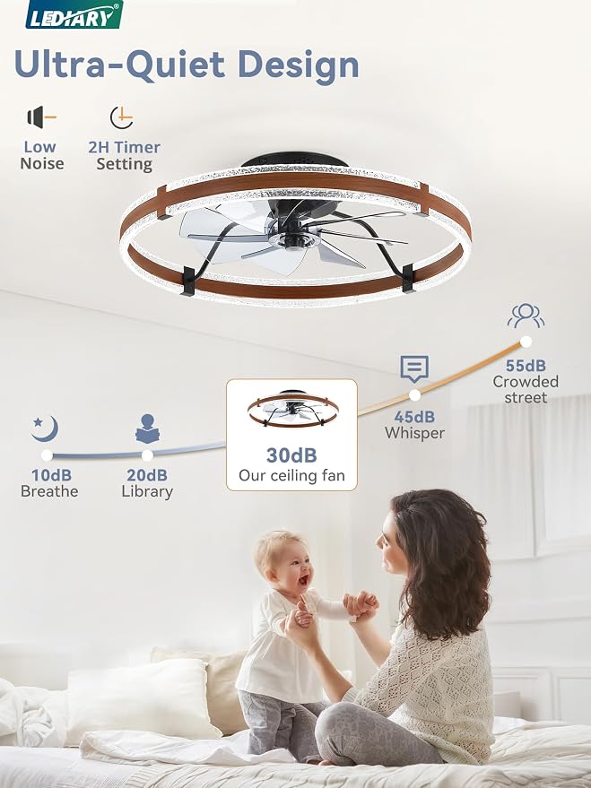 LEDIARY 24" Ceiling Fans with Lights and Remote, Low Profile Ceiling Fan with Light, 3000-6000K Dimmable Fandelier Ceiling Fans, Modern Flush Mount Fan Light for Bedroom with 6 Wind Speeds - Walnut
