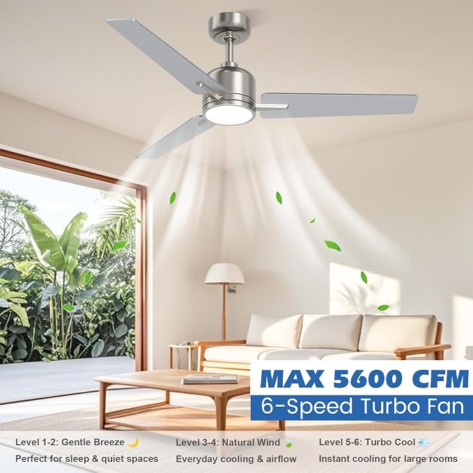 52 inch Ceiling Fans with Lights and Remote, Brushed Nickel Ceiling Fan, 6 Speed Reversible, 3CCT, Dimmable, Noiseless, 3 Blades, Quiet DC Motor, Silver Ceiling Fan for Bedroom, Indoor and Outdoor