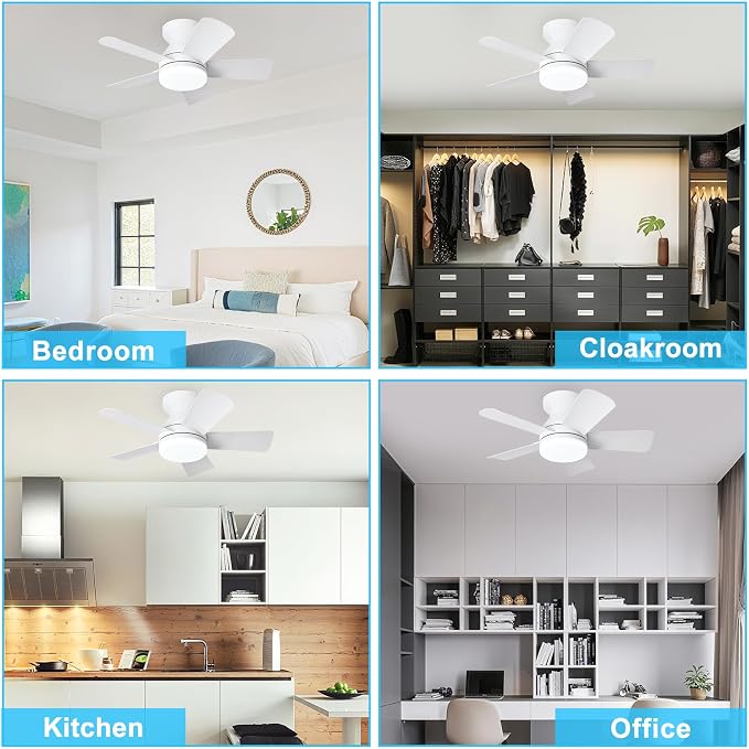 Depuley Modern Ceiling Fan with Light: 25-Inch White Small Fans for Bedroom Indoor Outdoor - Dimmable Low Profile Ceiling Fans with Remote Control Flush Mount 5 Reversible White Blades 6 Speeds Timer