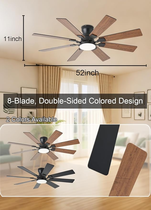 JSAITEE 52 inch Ceiling Fan with Light, 6 Speeds Reversible Low Profile Ceiling Fan with Light and Remote/APP Control, 3 Color Temp+Dimmable RGB, 8 Blades, Flush Mount Quiet Ceiling Fans, Brown