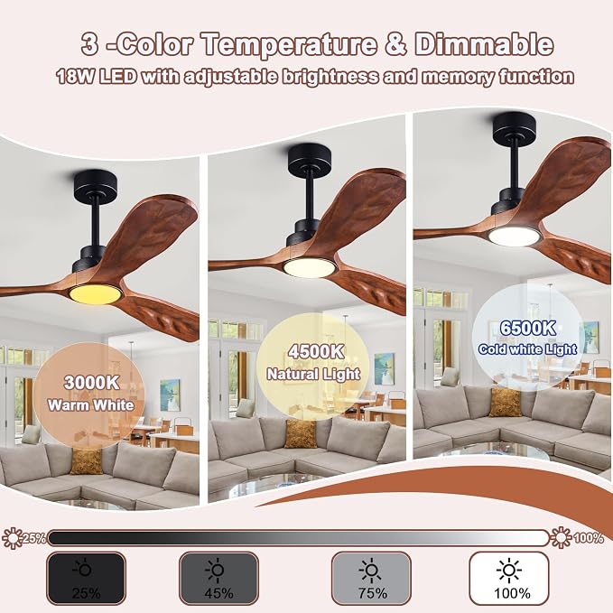 52 In Wood Ceiling Fan with Light,Noiseless Reversible DC Motor with Remote | tung walnut wood blades, ultra quiet dc motor, remote control, dimmable 3cct led, indoor outdoor for patio office farmhouse