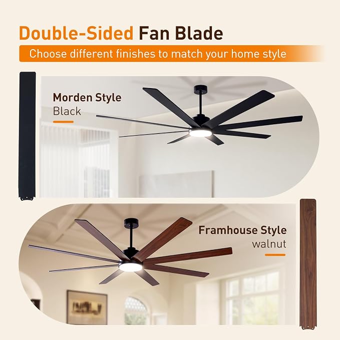 Minislak 72Inch Large Black Ceiling Fans with Light and Remote Control,8 Wooden Blades,6-Speed,3CCT,Quiet Reversible DC Motor Indoor Outdoor Ceiling Fan for Patio/Living Room/Garden