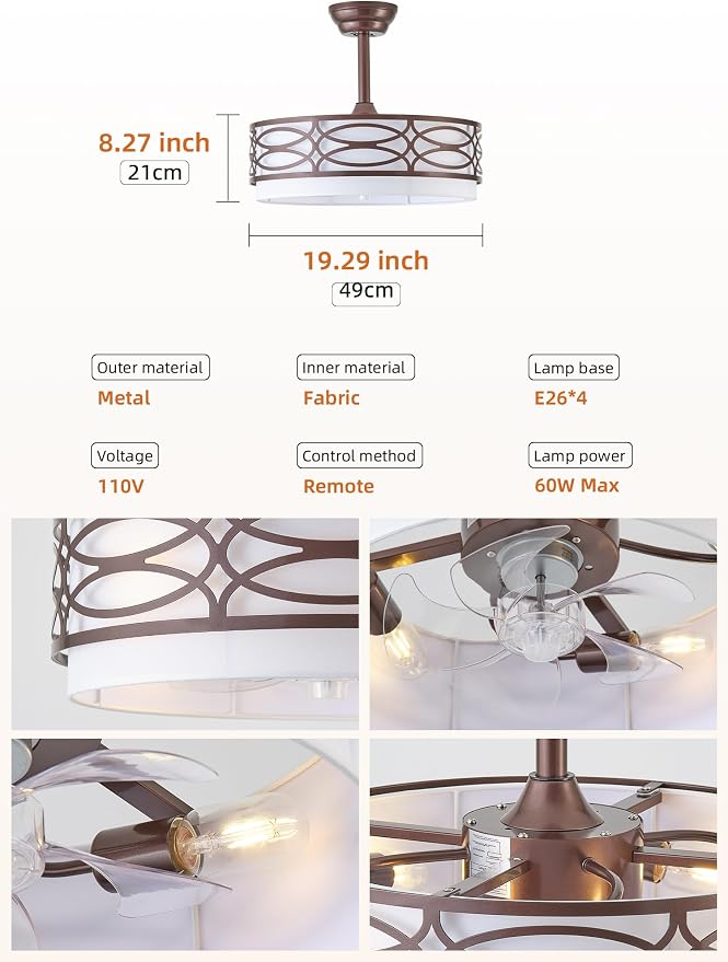 20" Brown Farmhouse Ceiling Fan with Light, Caged Fandelier Ceiling Fans with Lights Remote Control with 6 Speeds for Bedroom, Living Room, Nursery