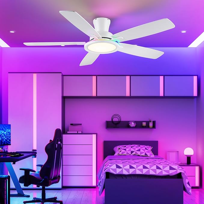 BYKISTOK Flush Mount RGB Ceiling Fan with RGB Light - 52In White Ceiling Fan Light with Reversible Mute Motor, 3CCT LED Dimmable, Low Profile Modern Ceiling Fans for Indoor, Party, Living Room