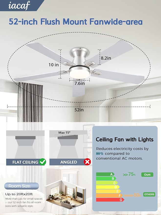 Ceiling Fans with Lights, 52'' Low Profile Ceiling Fan with Light and Remote/APP Control, Dimmable, Qiuet DC Motor, Flush Mount Ceiling Fan for Indoor Bedroom Living Room, Nickel