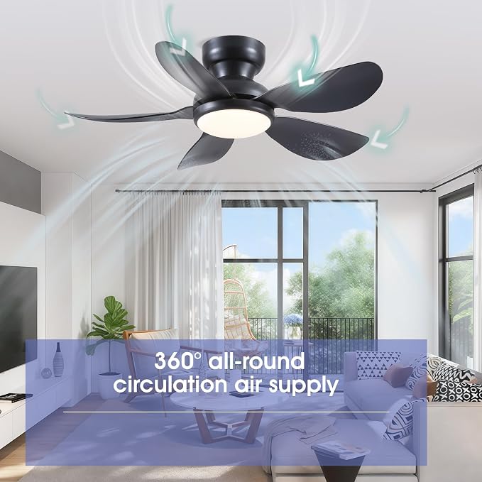 Kviflon 36 Inch Modern Ceiling Fans with Lights, Small Flush Mount Ceiling Fan, Remote/APP Control, 5 Reversible Curved Blades, 6 Speeds, 3 CCT Dimmable Lights for Kids Room Bedroom, Black