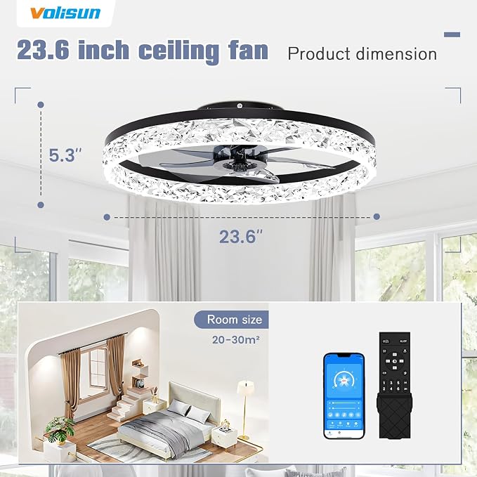 VOLISUN Fandelier Ceiling Fans with Light, 23.6in Low Profile Ceiling Fan with Light and Remote, 3000K-6500K Dimmable Bladeless Ceiling Fan Flush Mount, Black Modern Ceiling Fan with Light for Bedroom