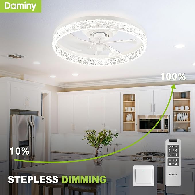 DAMINY Ceiling Fans with Lights and Remote, 6CCT,Dimmable Low Profile Ceiling Fan with Light, Flush Mount Bladeless Ceiling Fan,6 Speeds,20 inch White Modern