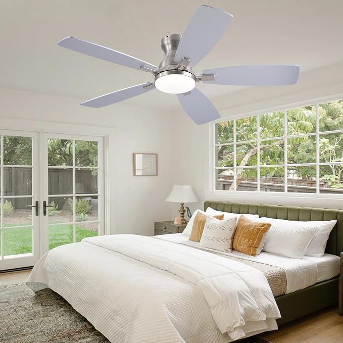 NKPU 46" Ceiling Fans with Lights, Low Profile Ceiling Fan with Light and Remote/APP Control, DC Reversible Motor, 3CCT, Noiseless, Flush Mount Ceiling Fan for Bedroom Indoor/Outdoor Use, Nickel