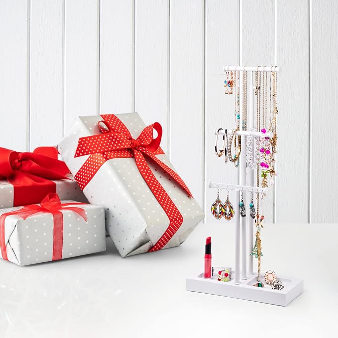 Love-KANKEI 3-Tier Jewelry Organizer Stand Holder,Adjustable Height,White | Metal Rod,Solid Wood Base,Easy to Install,Tree Style,Display Long Necklaces,Bracelets,Earrings,Rings,Watches,Bangles,Gift