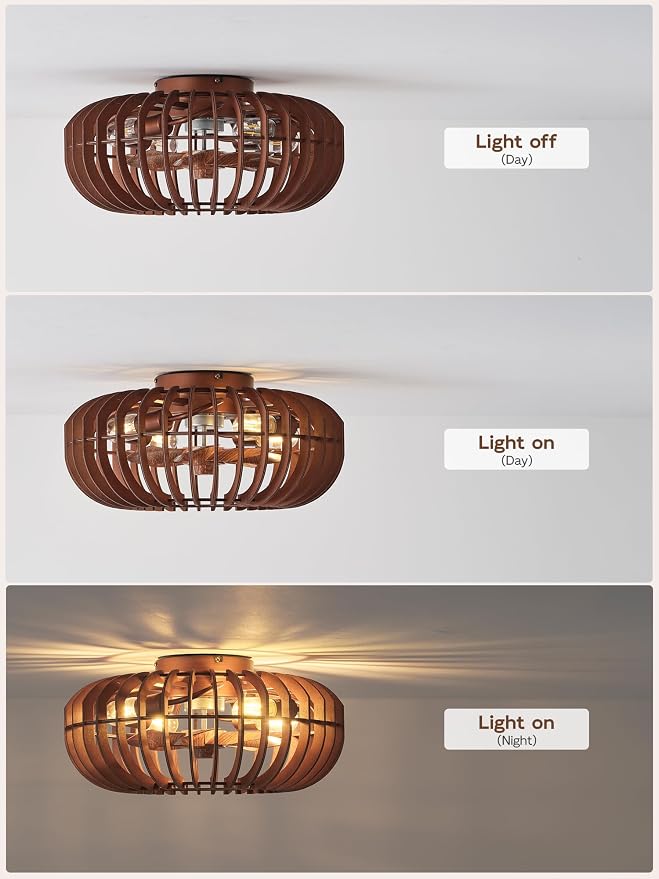 20" Wood Ceiling Fans with Lights Flush Mount, Caged Farmhouse Rustic Ceiling Fan with Light Remote Control, Wooden Low Profile for Bedroom, Living Room, Nursery