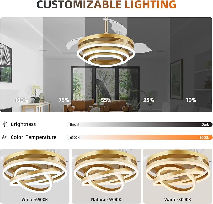 42 Inch Retractable Ceiling Fan with Lights, Fandelier Gold Ceiling Fan with 6 Speeds,3000K-6000K Adjustable,DC Motor,Chandelier Ceiling Fans with Lights and Remote for Bedroom Living Room