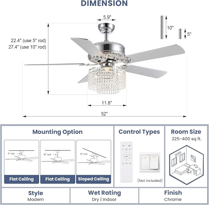 52 Inch Crystal Ceiling Fan with Light and Remote Control, Modern Chandelier Fan with 5 Reversible Wood Blades Chrome Fandelier for Living Room Bedroom (Fine line Crystal-Ceiling Fan)