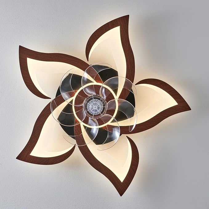 Flower Modern Ceiling Fans with Lights, Low Profile Ceiling Fan with Remote for bedroom, Flush Mount Ceiling Fan with LED Dimmable Light,3-Colors, 6-Speeds, Timing CeilingFans Light, Walnutcolor