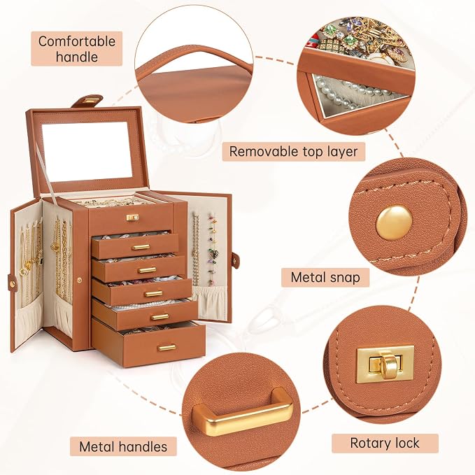 AKOZLIN 6-Tier Jewelry Box Organizer Functional 5 Drawers Leather Jewelry Storage Case for Women Girls Ring Necklace Earring Bracelet Holder Organizer with Mirror Orange Regular