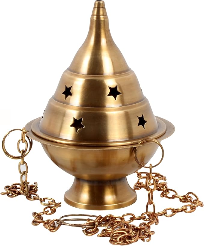 Brass Hanging Incense Burner Censer for Charcoal & Resin, Antique Brass Incense Holder with Chain, 4.5 Inch High