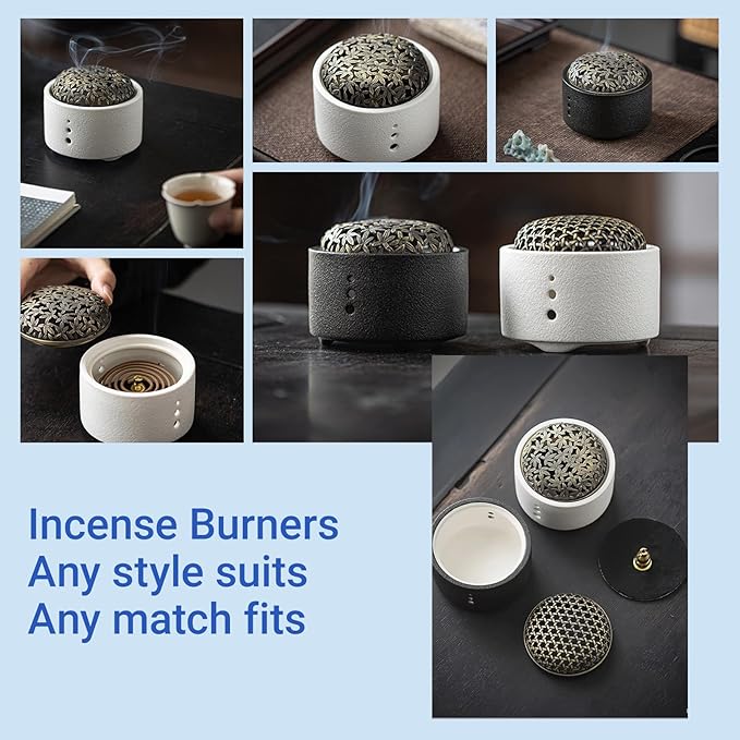 Incense Burner,incense Burner Holder with Lid,ceramic Incense Burners,incense Burner+incense Holder+fireproof Cotton+tweezers,smudge Bowl for Meditation Yoga,aromatherapy for Home Decor, Office