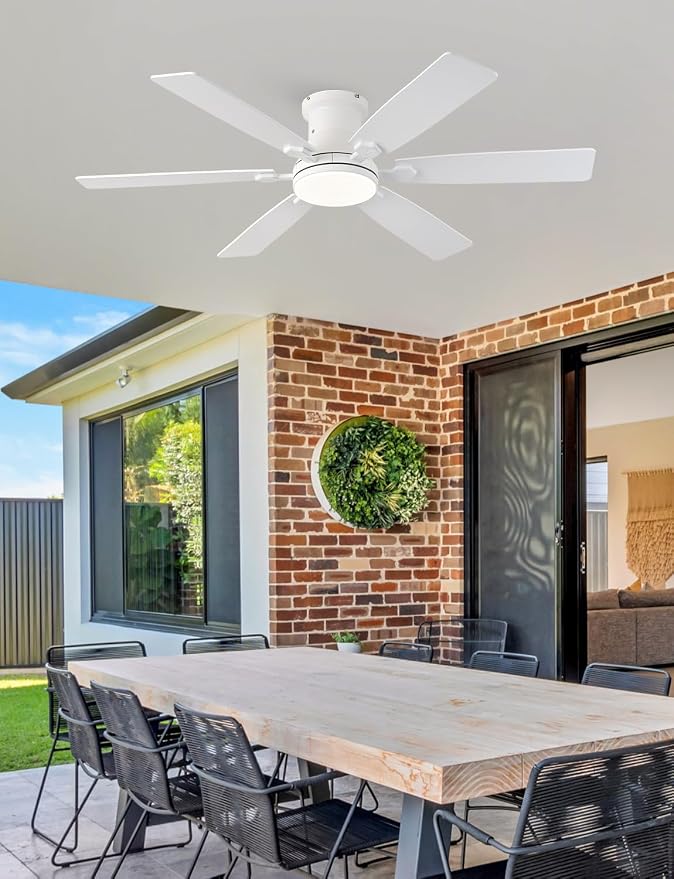 52inch Low Profile Ceiling Fan with Light and Remote/APP Control, LED Dimmable DC ReversibleModern, Flush Mount,6 Blade,White Ceiling Fan for Bedroom Living Room/Outdoor Use