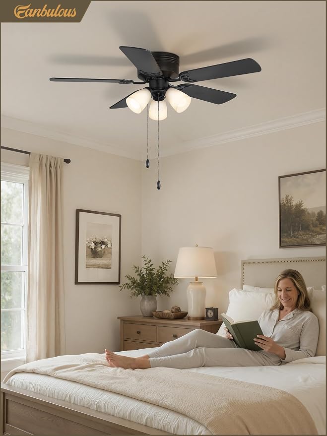 Fanbulous 44" Farmhouse Ceiling Fan with 3 Lights, Shatterproof PP Shades | DC Quiet Motor, 6-Speed Timer, Remote & Pull Chain Control, Low Profile Flush Mount for Bedroom, Living Room, Kitchen, Black