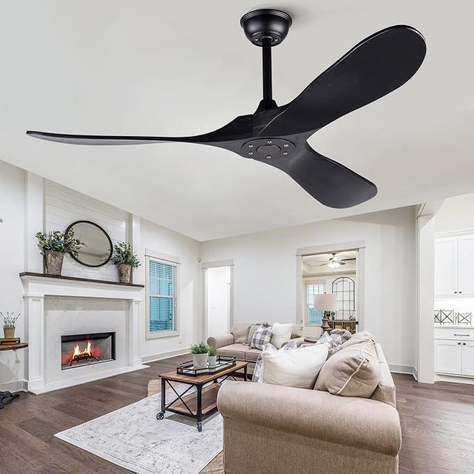 52 Inch Black Ceiling Fan No Light ，Wood Outdoor Ceiling Fans for Patios 3 Blade Propeller Reversible Modern Ceiling Fan Without Light for Living Room Bedroom with Remote