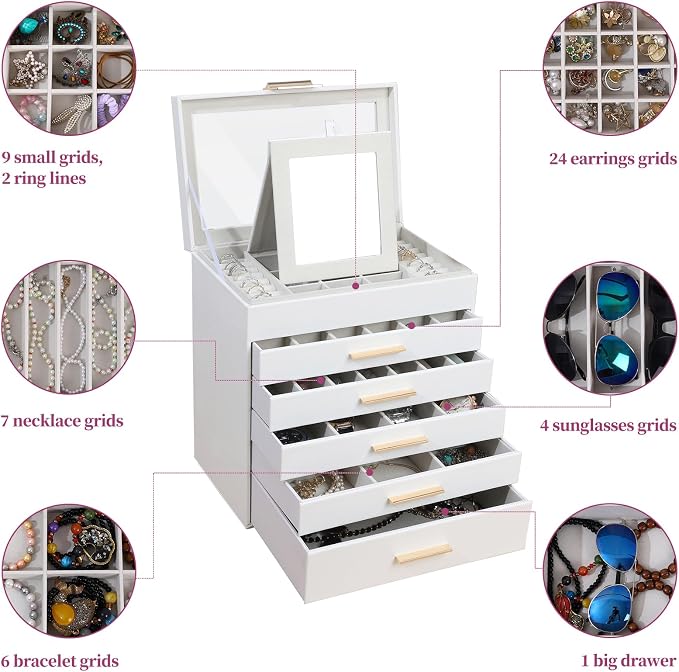 BOOVO Jewelry Boxes for Women, White and Black 6 Layer Large Jewelry Box for Necklace, Bracelet, Earrings, Rings Storage, Jewelry holder Organizer for Girls Gift (Clear White, 6 layer)