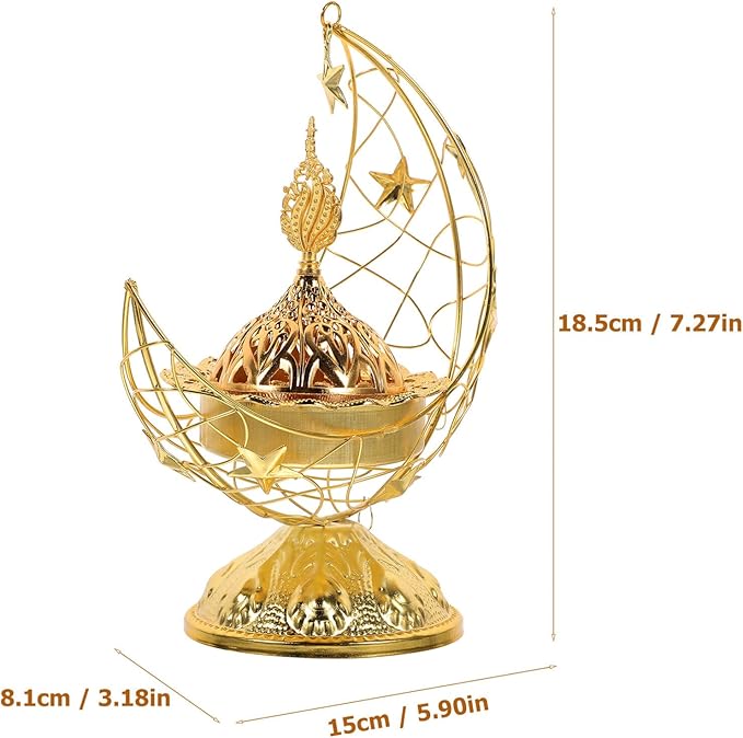 Zerodeko Arabic Incense Holder, Middle East Ramadan Incense Burner Arab Crescent Tea House Censer Handheld Aroma Furnace for Muslim Islam Festival Decoration Golden