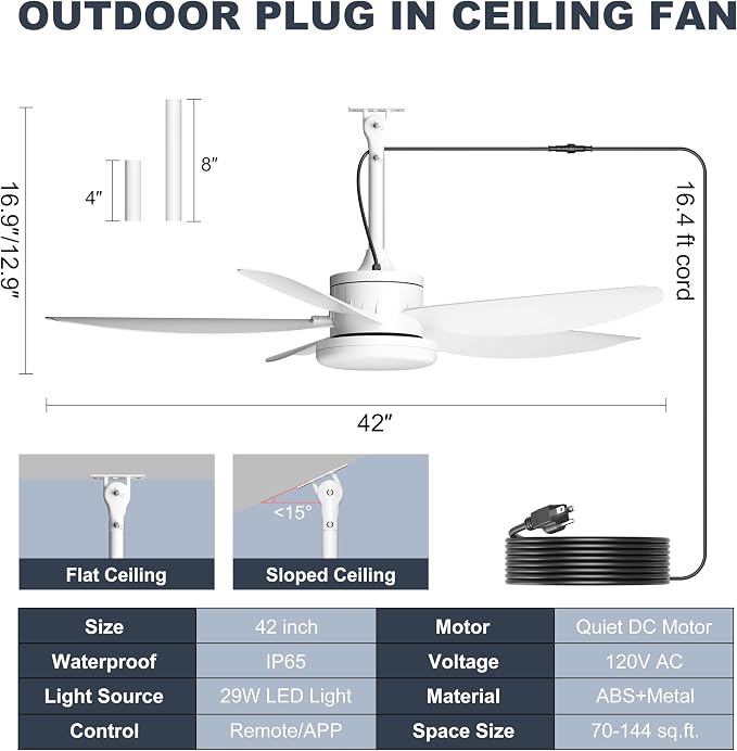 Outdoor Ceiling Fan with Lights, 42 Inch Plug in Gazebo Fans with Remote APP Control, Quiet DC Motor, Dimmable 3CCT, Waterproof Hanging Fans for Patios, Porch, White