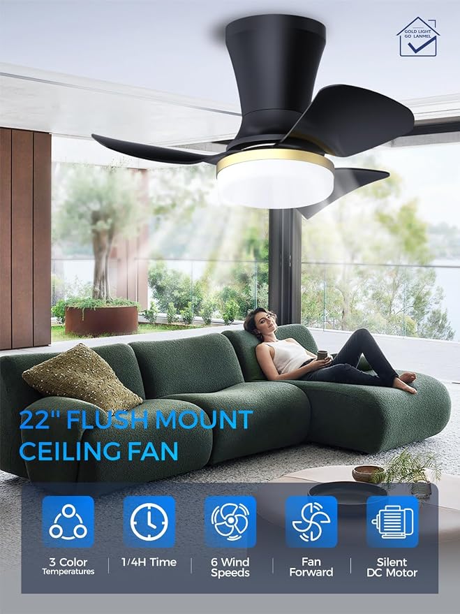 LANMEL 22 Inch Flush Mount Ceiling Fan with Light and Remote, Low Profile Modern Ceiling Fan, 6 Speed, Reversible, 3000k-6500k Dimmable LED, Quiet DC Motor for Indoor Outdoor, Black Gold