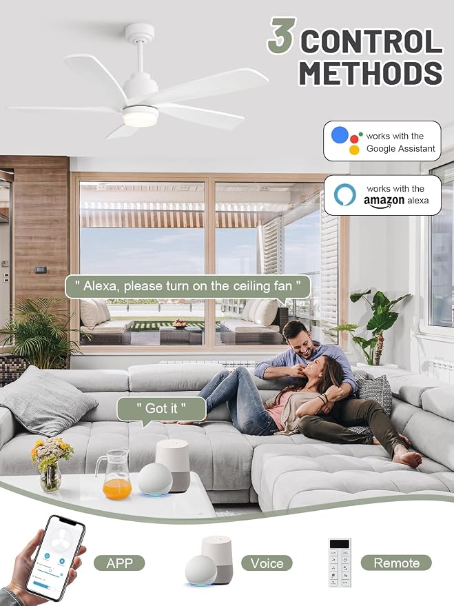 Sofucor Smart Ceiling Fan with Lights and Remote, 52 Inch Modern White Wood Ceiling Fan for Indoor Farmhouse Bedroom Living Room Outdoor Patio Porch, Compatible with Alexa/APP/Google Assistant