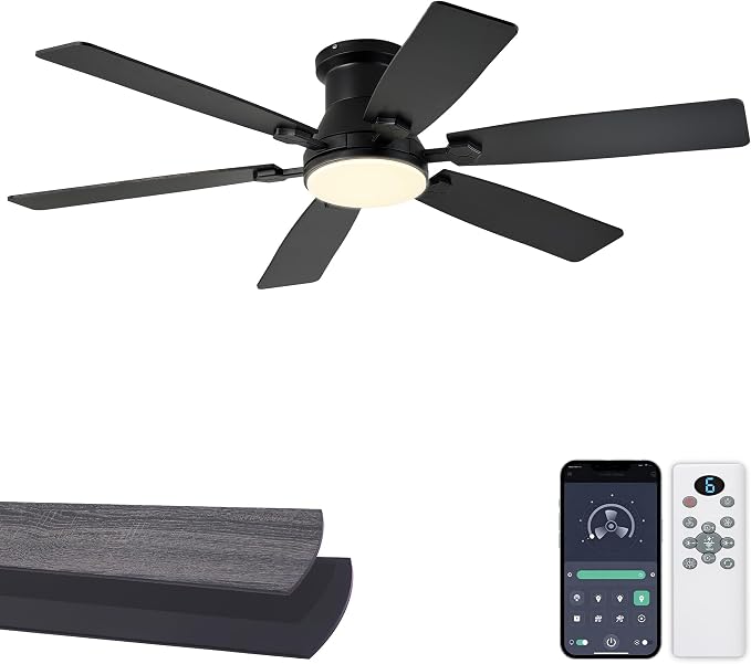 52 inch Low Profile Ceiling Fan with Light and Remote/APP Control, LED Dimmable, 3CCT, DC Reversible Motor, Modern, 6 Speeds, Black Flush Mount Ceiling Fans for Bedroom Living Room/Outdoor Use