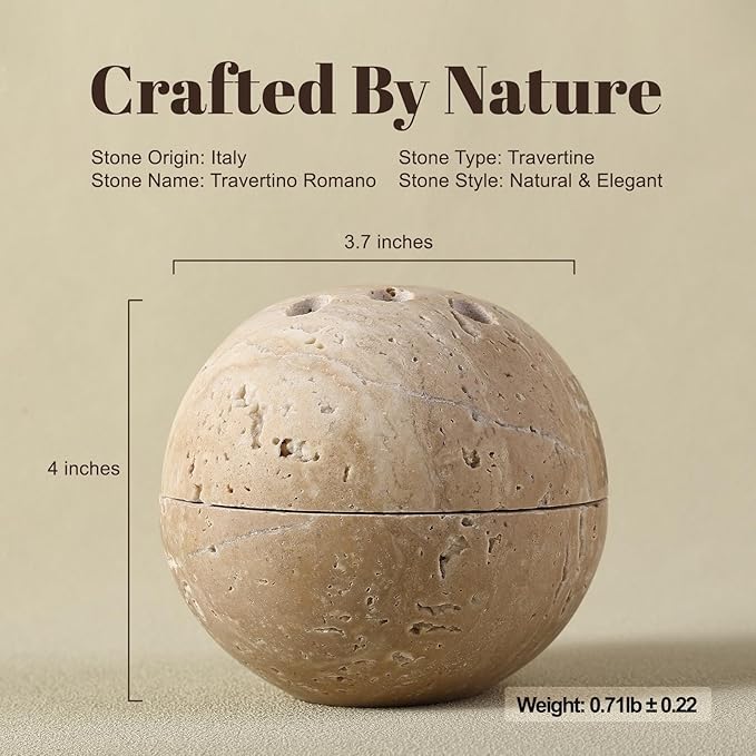 Koville Natural Travertine Incense Burner, Stone Incense Holder for Cone/Balsam Fir/Palo Santo/Sage, Handmade Sphere Marble Incense Burner for Meditation Yoga SPA Relaxation, Home Decor(Beige)