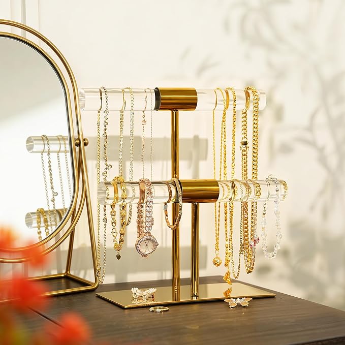 Display Stand Acrylic Jewelry Towers - Stainless Steel Long Necklaces Stand 2-Tier Crystal Tabletop Jewelry Organizer Home Decor for Store Boutique Vendors