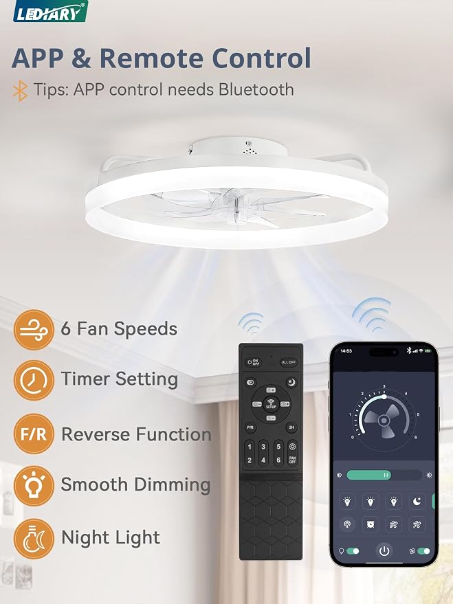 LEDIARY Ceiling Fans with Lights, 20 inch Low Profile Flush Mount Ceiling Fan, Dimmable LED, APP & Remote Control, Quiet Reversible DC Motor, 6 Speeds, Fandelier for Bedroom, White
