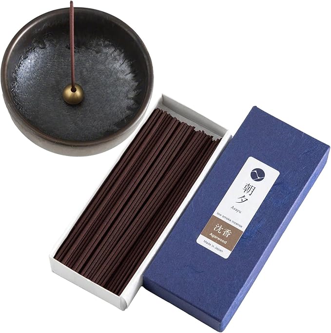 Asayu Japan Low Smoke Incense Gift Set with Incense Holder and Brass Stand, Agarwood Incense Sticks with Zen Holder
