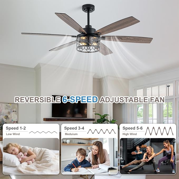Bella Depot 60" Ceiling Fan with Light, Farmhouse Caged Chandelier Fan, Industrial Ceiling Fan Rustic Indoor Fandelier with Silent Motor for Dining Living Room Bedroom, (Bulbs not Included) (Black)