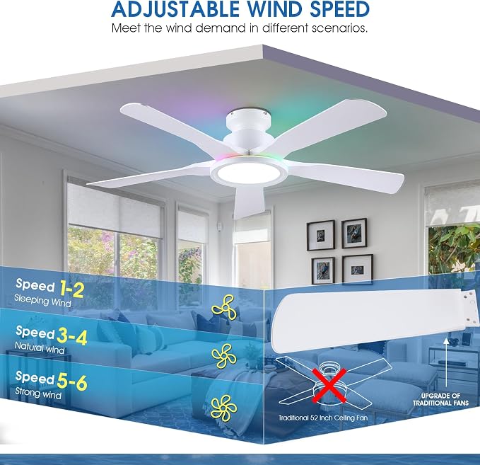 Ceiling Fans with Lights and Remote/APP Control, 52" Low Profile Flush Mount Ceiling Fan with RGB Ring Light & Dimmable, 5 Reversible Curved Blades 3 CCT 6 Speeds for Kids Room Living Room, White